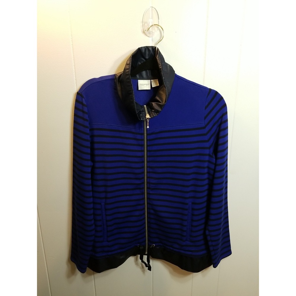 Zenergy By Chico's Womens 1 Blue Black Striped Zip Jacket Nautical‎ Active